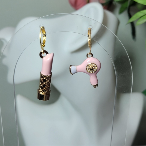 Hand Crafted Jewelry - LIPSTICK HAIRDRYER MISMATCHED EARRINGS BEAUTICIAN COSMETOLOGIST HANDMADE